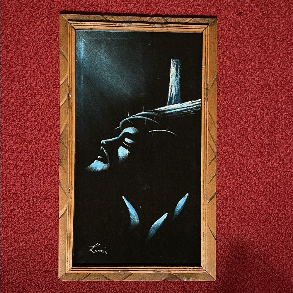 Vintage Velvet Jesus Painting in Wood Frame